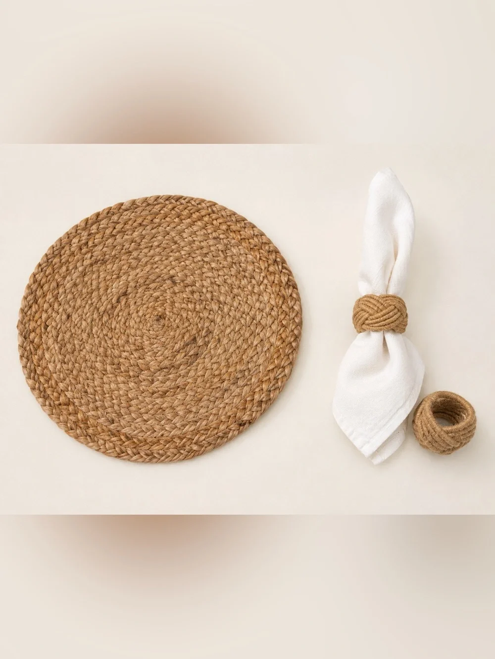 Natural woven jute placemat chargers (6) + napkin ring set